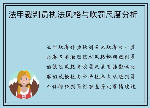 法甲裁判员执法风格与吹罚尺度分析