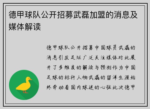 德甲球队公开招募武磊加盟的消息及媒体解读